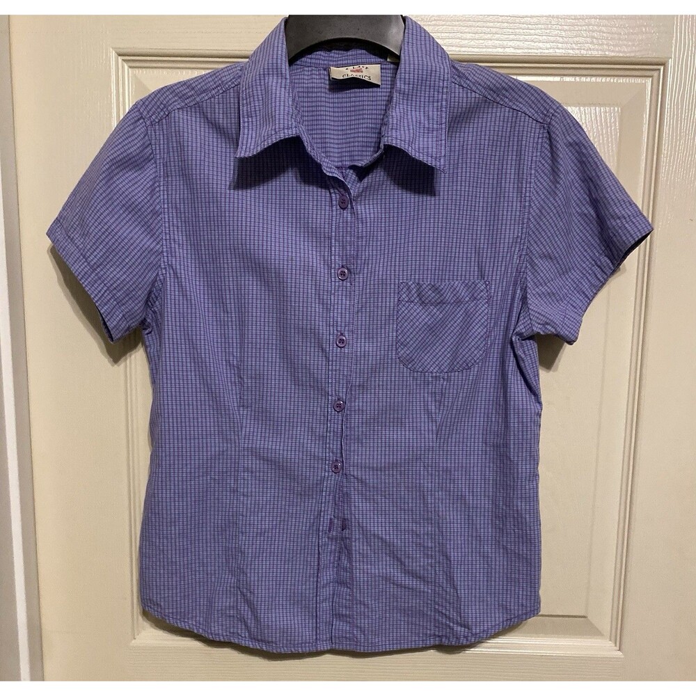 At Last Classics Women's Gingham Plaid Short Sleeve Button Up Shirt Purple Sz M